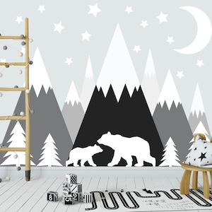 Mountain Wall Decal for Nursery, Large Mountains & Bear Wall Art Mural Nursery, Kids Decal for Playroom, Woodland Toddler Room Wall Decor