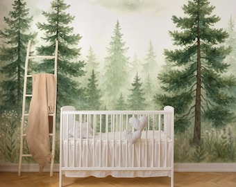Aquarel bosbehang, neutrale boswanddecoratie, minimalistisch natuurbehang voor de kinderkamer, slaapkamer en babykamer.