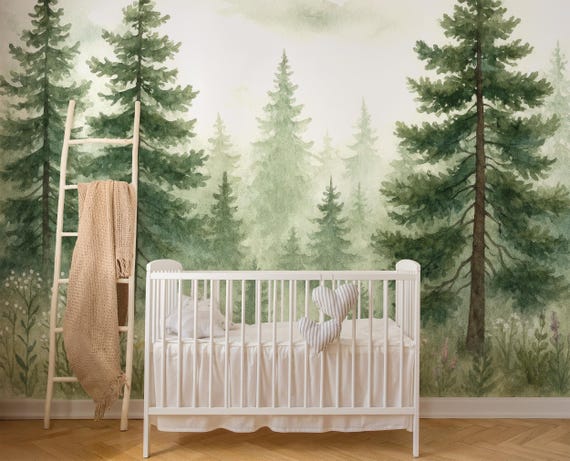 Watercolor Forest Wallpaper Mural, Neutral Woodland Wall Decor, Minimal Nature Wallpaper for Nursery, Bedroom, Baby Room Wall Art