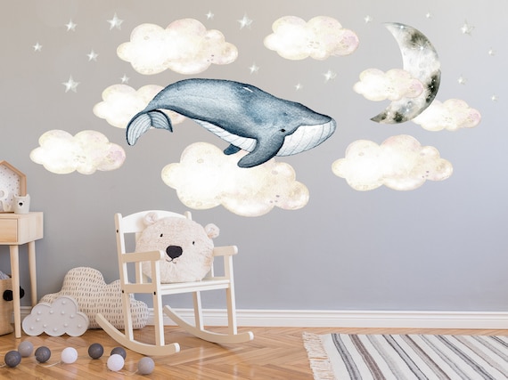 Schälen Wolken Kinderzimmer, Wandbild Nautisches Mädchen Aquarell und Wal Aufkleber Kleinkind Sterne Mond Zimmer, Kinder und Stick Wandtattoo Krippe über Jungen