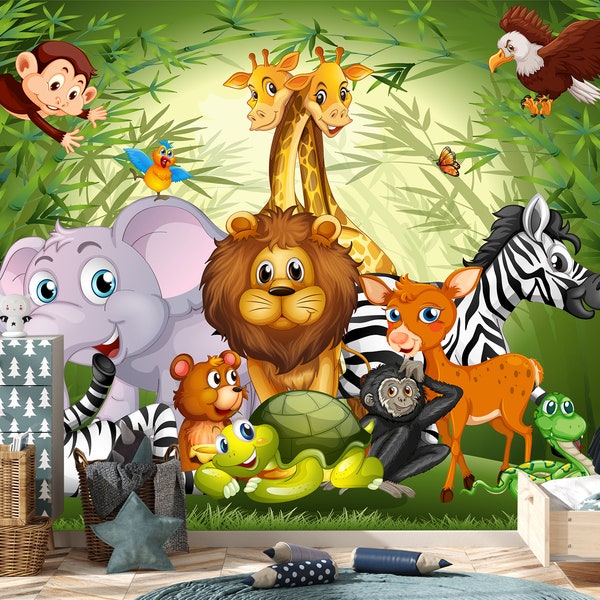 Colorful Wallpaper with Safari Animals for Nursery, Jungle Animal Wall Mural Kids Playroom, Wall Décor for Baby Boys & Girls Room Removable