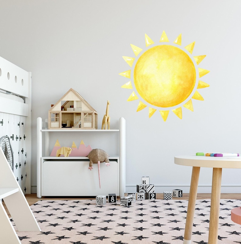 Watercolor Sun Wall Decal Toddler Room, Boho Sunshine Sticker Nursery Above Crib, Art Decor for Baby Boy Girl Playroom, Toy Box Decals Kids image 4