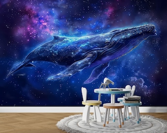 Galaxy Whale Wallpaper Theme, Graceful Humpback Whale Space Mural, Perfect For Boy Bedroom, Wallpaper To Create Ocean Ambiance For Nursery