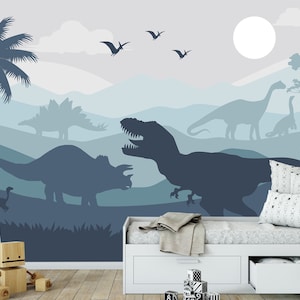 Dinosaur Wallpaper Blue Peel and Stick Boy Nursery, Dino Jurassic World Wall Mural Boys Bedroom, Trex Pterodactyl Brachiosaurus Wall Decor
