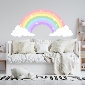Regenboog muursticker voor kinderen, pastel regenboog met wolken decor meisje jongen slaapkamer, grote regenboog sticker peuterkamer, decoratie babykamer