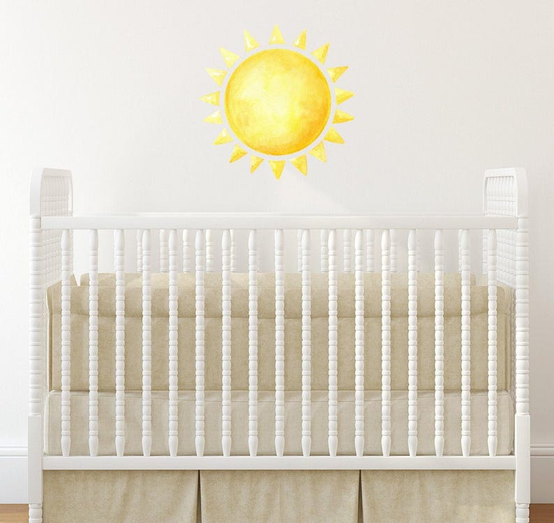 Watercolor Sun Wall Decal Toddler Room, Boho Sunshine Sticker Nursery Above Crib, Art Decor for Baby Boy Girl Playroom, Toy Box Decals Kids image 2