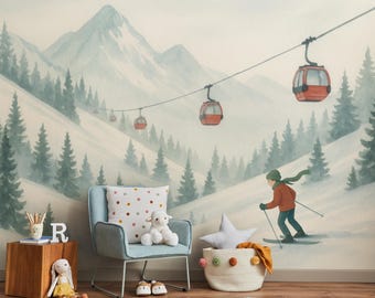 Winter Mountains Wallpaper, Ski Lift Peel and Stick Wall Art, Snowy Woodland Wall Mural, Winter Landscape Print, Cozy Home, Cabin Decor