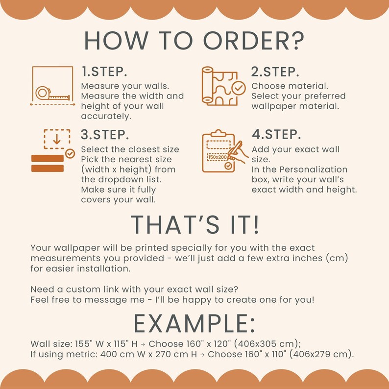 The image is a step-by-step guide on how to order wallpaper, providing instructions on measuring the walls, choosing the material, selecting the closest size, adding extra inches, and ordering the wallpaper.