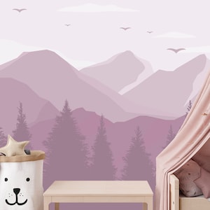 Soft Purple Mountain Wallpaper Peel and Stick Girls Bedroom, Pastel Theme Forest Mural Nursery, Accent Wall Paper Toddler Girl Room