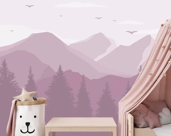 Soft Purple Mountain Wallpaper Peel and Stick Girls Bedroom, Pastel Theme Forest Mural Nursery, Accent Wall Paper Toddler Girl Room