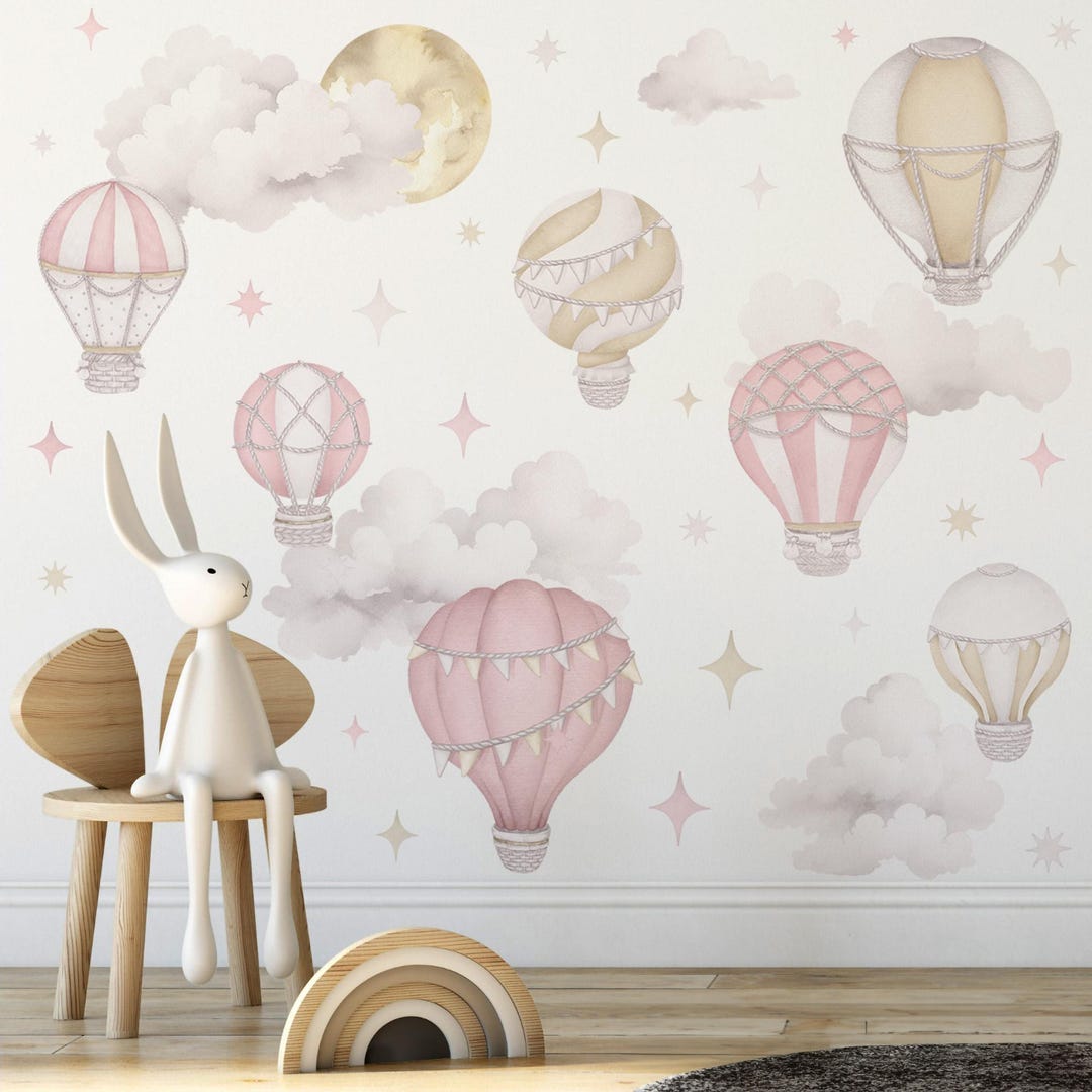Pink Hot Air Balloon Wall Stickers, Beige Nursery Room Decor, Baby Girl ...