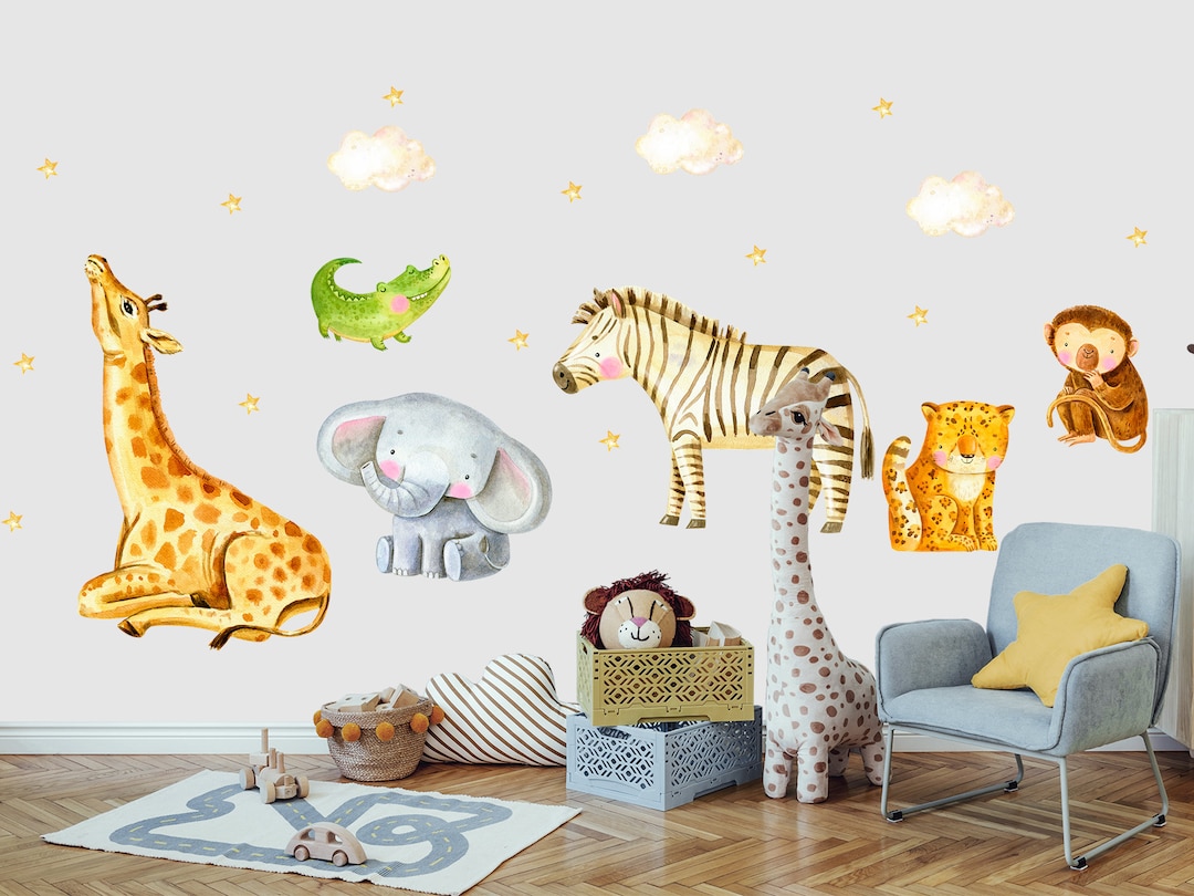 Watercolor Cute Safari Animals Wall Decal Kids Set Jungle Animal Wall ...