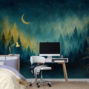 Dreamy night forest wallpaper mural with green trees, glowing moon and soft stars, calm celestial woodland wall decor in deep soothing tones, nature inspired wallpaper for nursery kids room or peaceful bedroom interior