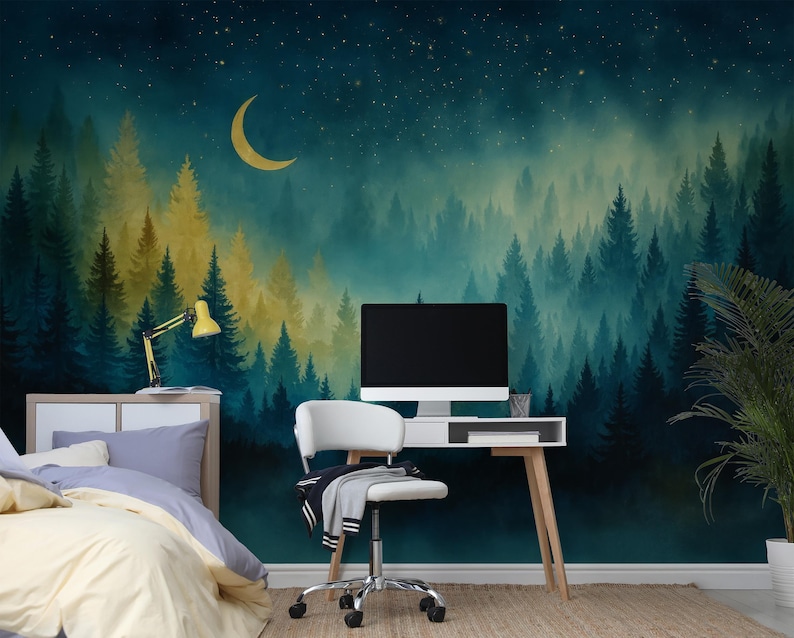 Dreamy night forest wallpaper mural with green trees, glowing moon and soft stars, calm celestial woodland wall decor in deep soothing tones, nature inspired wallpaper for nursery kids room or peaceful bedroom interior