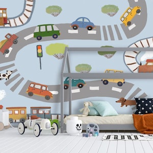 Cartoon Cars and Road Wallpaper, Blue Peel and Stick Kids Train, Track Wall paper, Transport Wall Mural for Boy Bedroom & Playroom, Nursery