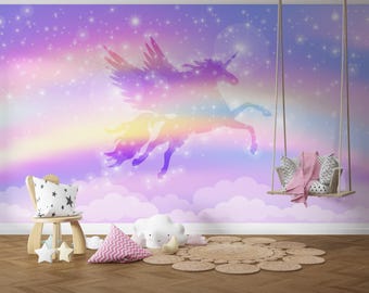 Unicorn Wallpaper Removable, Baby Girls Bedroom Decor, Rainbow Wall Mural for Kids Playroom, Nursery Wall Art, Children Playroom Wallpaper