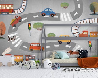 Carta da parati grigia con strada e veicoli in stile cartone animato, murale rimovibile con auto e treno, decorazione murale per la cameretta dei ragazzi, arte murale autoadesiva per la cameretta.
