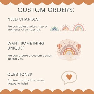 The image is a customer order form for a customizable design. It includes a question about needing changes, a question about wanting something unique, and a question about contacting the company for help. The form also includes a graphic of a rainbow and a heart, suggesting a creative and friendly approach to the ordering process.