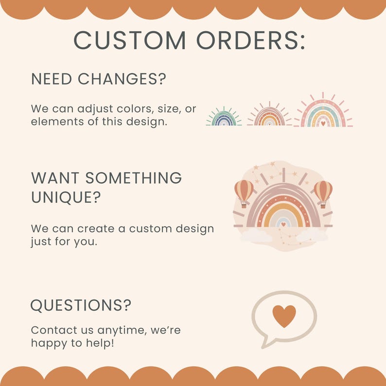 The image is a customer order form for a customizable design. It includes a question about needing changes, a question about wanting something unique, and a question about contacting the company for help. The form also includes a graphic of a rainbow and a heart, suggesting a creative and friendly approach to the ordering process.
