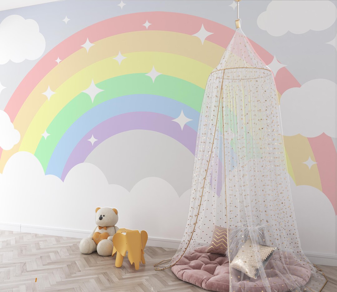 Pastel Rainbow Wallpaper Peel and Stick, Unicorn Wall Mural for Girls ...