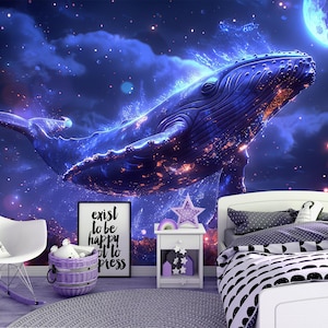 Space Ocean Whale Wallpaper For Nursery, Sea Kids Wall Mural, Peel And Stick Waves Wallpaper, 3D Toddler Room Wall Paper, Removable Decor