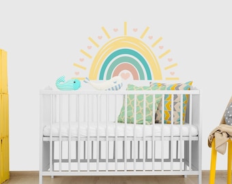 Rainbow Wall Decal for Kids Nursery, Sun Wall Sticker for Toddler Playroom, Gender Neutral Vinyl Decor with Hearts for Baby Bedroom, Gift