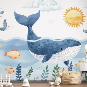 Whale Wallpaper For Boy Bedroom, Ocean Peel and Stick Mural For Nursery, Sea Decor For Toddler Birds Sun And Clouds Wall Decor For Kids Room