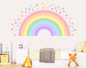 Large Rainbow Decal for Girl Bedroom, Polka Dots Wall Stickers Kids, Pastel Rainbow Vinyl Sticker Playroom, Rainbow Nursery Decoration