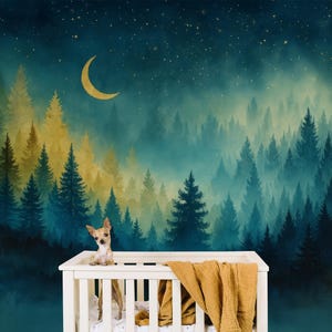 Dreamy night forest wallpaper mural with green trees, glowing moon and soft stars, calm celestial woodland wall decor in deep soothing tones, nature inspired wallpaper for nursery kids room or peaceful bedroom interior