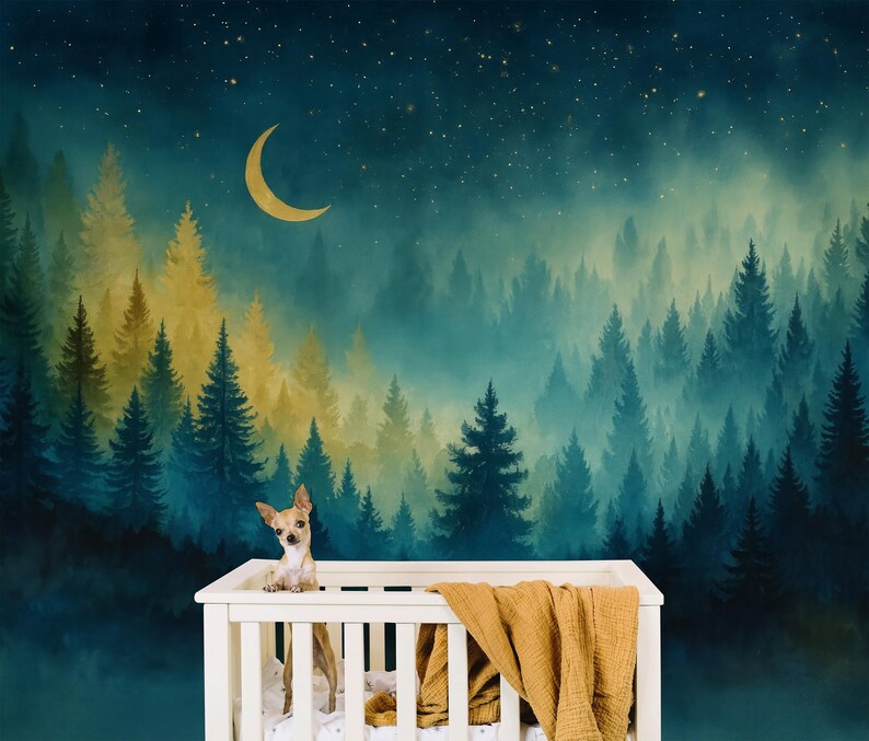 Dreamy night forest wallpaper mural with green trees, glowing moon and soft stars, calm celestial woodland wall decor in deep soothing tones, nature inspired wallpaper for nursery kids room or peaceful bedroom interior
