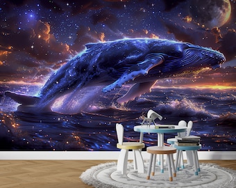 Space Humpback Whale Wallpaper Theme, Galaxy Whale Peel and Stick Mural, Perfect For Kids Room, Wallpaper To Create Ocean Ambiance Nursery