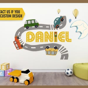 Cars and Road Custom Name Wall Decal, Vehicle Wall Sticker for Boy Room, Peel and Stick Personalized Vinyl Nursery, Baby Name Wall Decor
