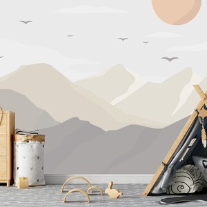 Pastel Mountains Wallpaper Peel and Stick Kids Nursery, Nature Theme Wall Mural for Kids Bedroom, Mountains  Toddler Wall Decoration