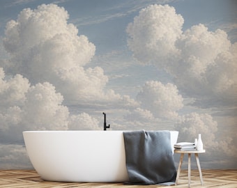 Dromerig wolkenlandschap muurmuurschildering, zachte blauwe lucht Peel-and-Stick behang, neutraal wolkenaccent muur voor slaapkamer, badkamer of kinderkamer