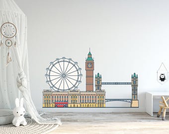 London View muurstickers kinderkamer - muursticker stad kinderkamer - muursticker skyline - sticker reuzenrad - stad jongens meisjes kamer decor LX61