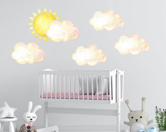 Sun and Clouds Wall Stickers - Watercolor Sunrise Baby Bedroom - Decor Baby Boy Girl Nursery - Above Crib Decoration - Decor for Playroom