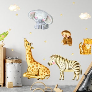 Watercolor Cute Safari Animals Wall Decal Kids Set Jungle Animal Wall ...