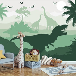 Dino Wallpaper Peel and Stick Boys Bedroom, Dinosaur Jurassic World Theme Wall Decor Boy Room, Green Accent Mountain Trex Wall Decoration