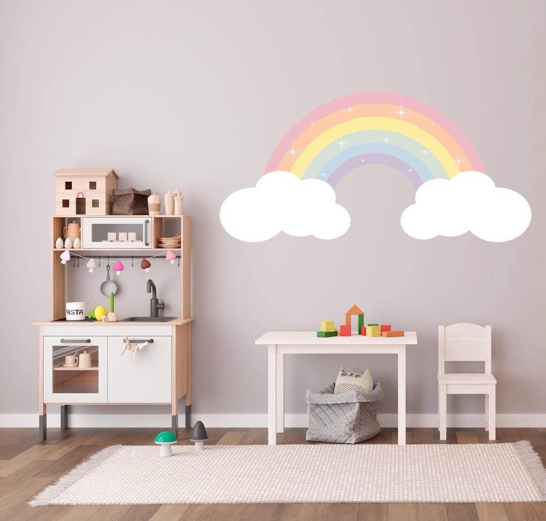 Pastel Rainbow Wall Decal Kids Room - Large Rainbow With Clouds Decor ...