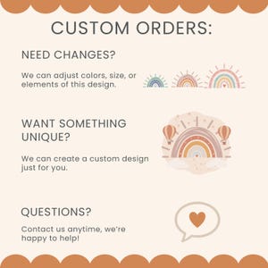 The image is a customer order form for a customizable design. It includes a question about needing changes, a question about wanting something unique, and a question about contacting the company for help. The form also includes a graphic of a rainbow and a heart, suggesting a creative and friendly approach to the ordering process.