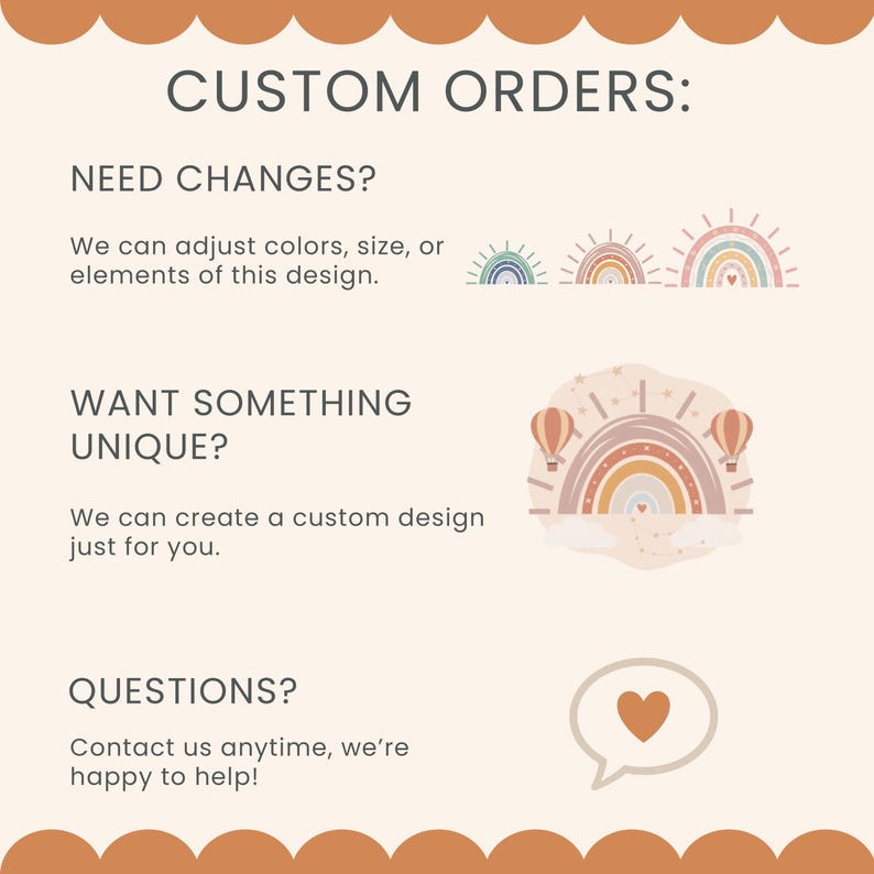 The image is a customer order form for a customizable design. It includes a question about needing changes, a question about wanting something unique, and a question about contacting the company for help. The form also includes a graphic of a rainbow and a heart, suggesting a creative and friendly approach to the ordering process.