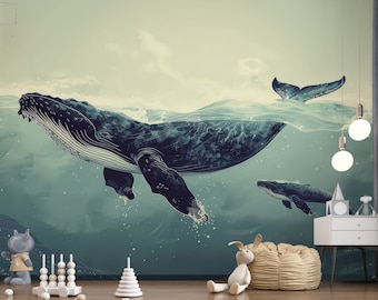 Peel and stick Wallpaper Ocean Theme, Graceful Humpback Whale Mural, Perfect For Boy Bedroom, Wallpaper To Create Ocean Ambiance For Nursery