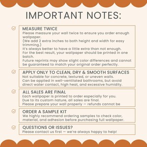 important notes about ordering wallpapered walls, including measurements, product recommendations, and sample kits.