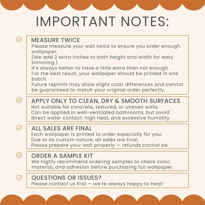 important notes about ordering wallpapered walls, including measurements, product recommendations, and sample kits.
