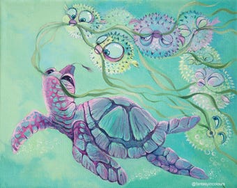 Puffer Party Print, Turtle and Pufferfish Art, Whimsical Seascape Wall Decor