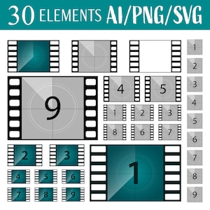 May include: A set of 30 film countdown timer elements in black and white, and green and white. The elements are in the shape of a film strip with numbers 1 through 9. The numbers are in a circle with a crosshair in the center. The elements are perfect for creating a countdown timer for a video or animation.