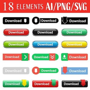 May include: Set of 18 download buttons in various colors and styles. The buttons feature different arrow designs, including down arrows, right arrows, and download icons. The text "Download" appears on each button.