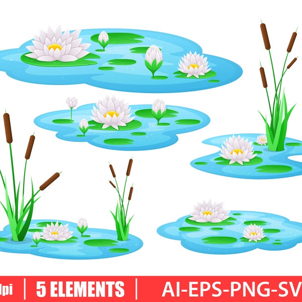 Water lily clipart vector design illustration. Water lily set. Vector Clipart Print