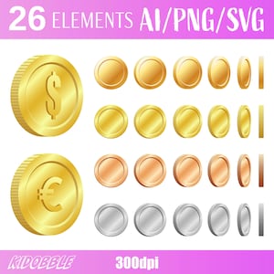 Monete luccicanti Oro Tesoro Fortuna Icona Arte vettoriale Ricchezza Simbolo Valuta Illustrazione Soldi Nascondiglio Clipart digitale Stampabile Design bancario