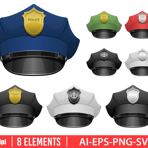 Police officer hat clipart vector design illustration. Police officer hat set. Vector Clipart Print